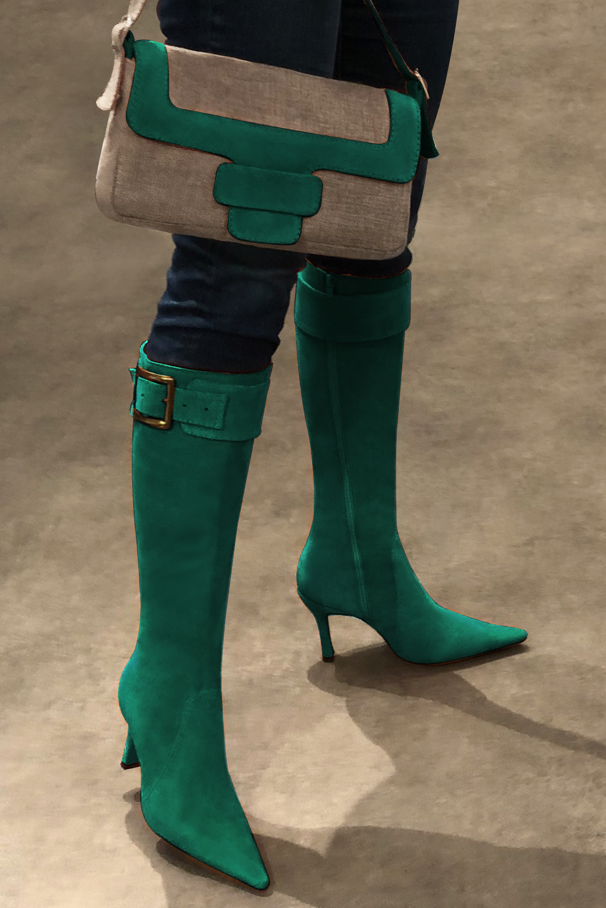 Caramel brown and emerald green women's dress handbag, matching pumps and belts. Worn view - Florence KOOIJMAN